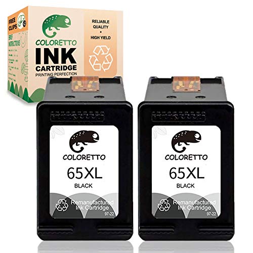 COLORETTO Remanufactured Printer Ink Cartridge Replacement for HP 65XL to use with HP Deskjet 2622 2624 2652 2655 3720 3721 3722 3723 3732 3758,Envy 5052 5058 (2 Black) Combo Pack