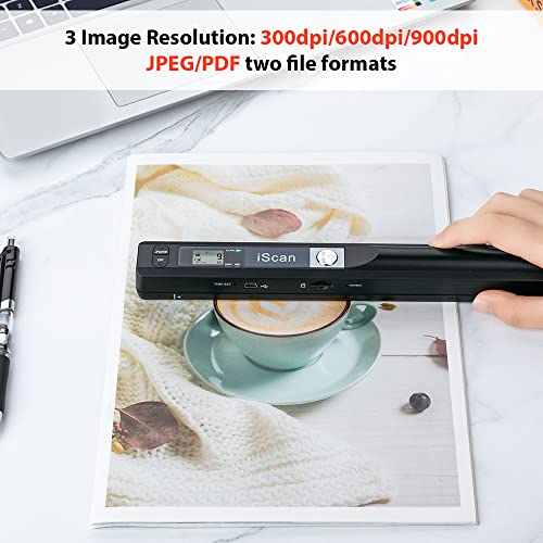 Portable Scanner iSCAN 900 DPI A4 Document Scanner Handheld for Business, Photo, Picture, Receipts, Books, JPG/PDF Format Selection, with 16G SD Card