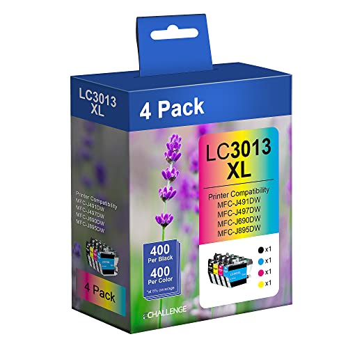 LC3013 4PKS High Yield Compatible Ink Cartridge Replacement for Brother LC3013 LC3011 LC-3013 Compatible with MFC-J895DW MFC-J491DW MFC-J497DW MFC-J690DW (1 Black, 1 Cyan, 1 Magenta, 1 Yellow)