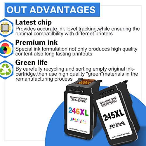 JONITY Remanufactured Ink Cartridges 245 XL and 246 XL Replacement for Canon 245 & 246 PG 245XL CL 246XL for Canon PIXMA MX492 MX490 MG2920 MG2922 MG2420 IP2820 Printer (1 Black 1 Tri-Color)