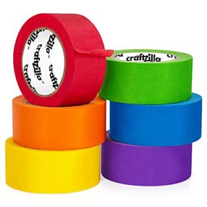 craftzilla colored masking tape – 6 roll multi pack – 180 feet x 1 inch of colorful craft tape – vibrant rainbow colored painters tape – great for arts & crafts, labeling and color-coding
