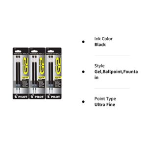 Pilot G2 Gel Ink Pen Refills, Ultra Fine Point, 0.38mm, Black Ink, 6 Refills