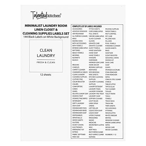 Talented Kitchen 144 Minimalistic Laundry Room Labels for Glass Jars, Preprinted Linen Closet Stickers for Containers, Bathroom Organization, Cleaning Supplies (Black)