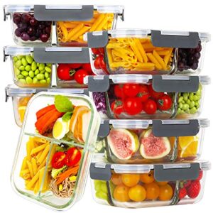 bayco 8 pack glass meal prep containers 3 compartment, glass food storage containers with lids, airtight glass lunch bento boxes, bpa-free & leak proof (8 lids & 8 containers) – grey