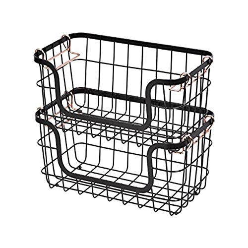 Amazon Basics Stackable Metal Wire Storage Basket Set for Kitchen or Bathroom - Black/Rose Gold