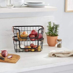 Amazon Basics Stackable Metal Wire Storage Basket Set for Kitchen or Bathroom - Black/Rose Gold