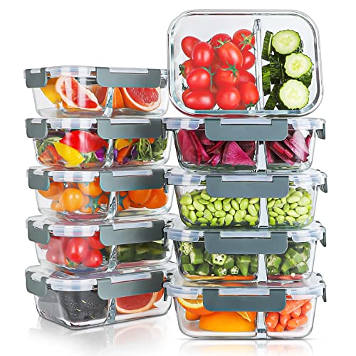 KOMUEE 10 Packs Glass Meal Prep Containers 2 Compartments,Glass Food Storage Containers with Lids,Airtight Glass Lunch Bento Boxes,BPA Free,Oven,Freezer and Dishwasher Safe