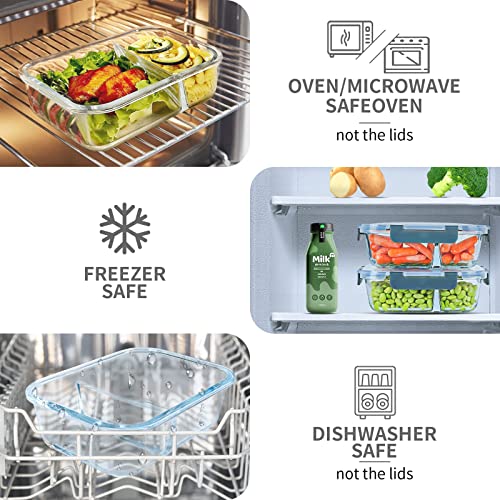 KOMUEE 10 Packs Glass Meal Prep Containers 2 Compartments,Glass Food Storage Containers with Lids,Airtight Glass Lunch Bento Boxes,BPA Free,Oven,Freezer and Dishwasher Safe