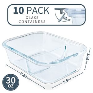 KOMUEE 10 Packs Glass Meal Prep Containers 2 Compartments,Glass Food Storage Containers with Lids,Airtight Glass Lunch Bento Boxes,BPA Free,Oven,Freezer and Dishwasher Safe