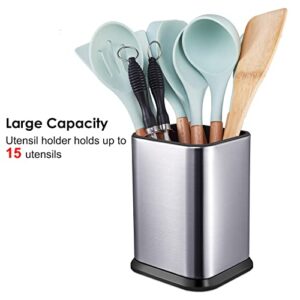 RedCall Stainless Steel Kitchen Utensil Holder for Countertop,Large Cooking Utensils Organizer for Spatula Spoon,Weighted Base Modern Rectangular Utensil Caddy Counter,Utensil Crock Silver