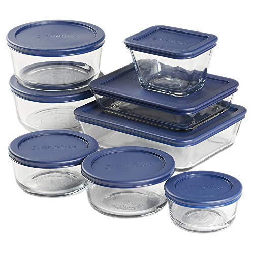 Anchor Hocking 16 Piece Round and Rectangle Glass Food Storage Containers, Space Saving Meal Prep, Navy BPA-Free SnugFit Lids