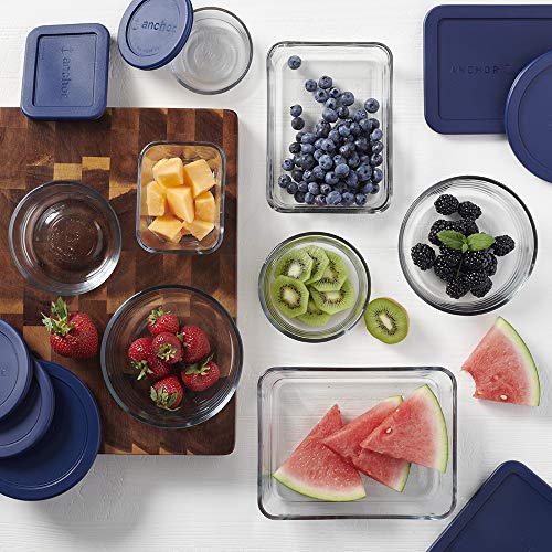 Anchor Hocking 16 Piece Round and Rectangle Glass Food Storage Containers, Space Saving Meal Prep, Navy BPA-Free SnugFit Lids