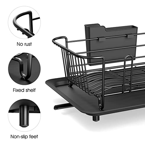 Klvied Dish Rack with Swivel Spout, Dish Drying Rack with Drainboard, Dish Drainers for Kitchen Counter, Dish Strainer with Removable Utensil Holder, Stainless Steel Dish Drainer in Sink, Black