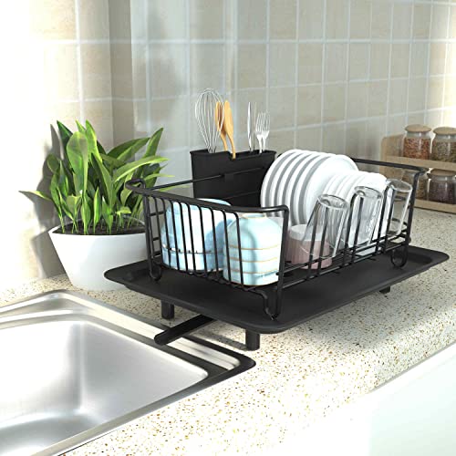 Klvied Dish Rack with Swivel Spout, Dish Drying Rack with Drainboard, Dish Drainers for Kitchen Counter, Dish Strainer with Removable Utensil Holder, Stainless Steel Dish Drainer in Sink, Black