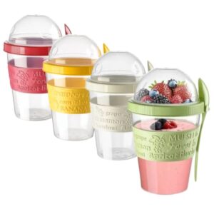 eynel 4 pack on the go cereal yogurt cups with lids and spoon, overnight oats container, reusable parfait plastic milk jar breakfast crunch granola oatmeal smoothie snack prep bowl (4 colors set)