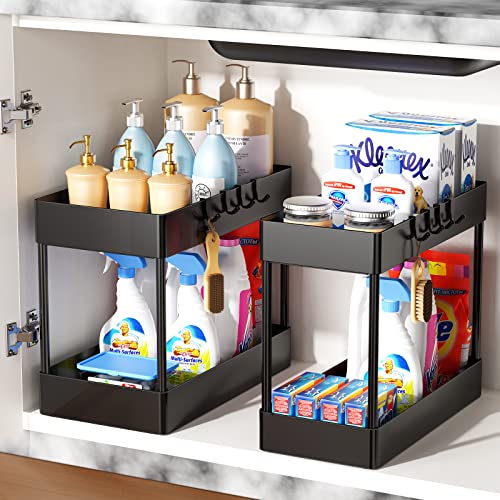 Wekin Under Sink Organizers & Storage 2 PCS, 2 Tier Under Cabinet Basket Organizer for Kitchen Bathroom, 2 Size Multi-Usage Storage Shelf with Hooks, Under the Sink Standing Stackable Rack for Bath