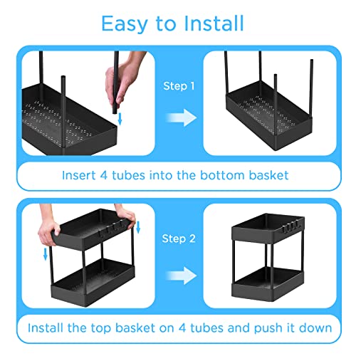 Wekin Under Sink Organizers & Storage 2 PCS, 2 Tier Under Cabinet Basket Organizer for Kitchen Bathroom, 2 Size Multi-Usage Storage Shelf with Hooks, Under the Sink Standing Stackable Rack for Bath