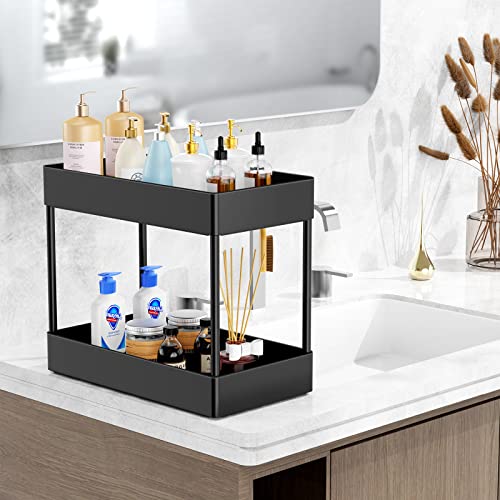 Wekin Under Sink Organizers & Storage 2 PCS, 2 Tier Under Cabinet Basket Organizer for Kitchen Bathroom, 2 Size Multi-Usage Storage Shelf with Hooks, Under the Sink Standing Stackable Rack for Bath