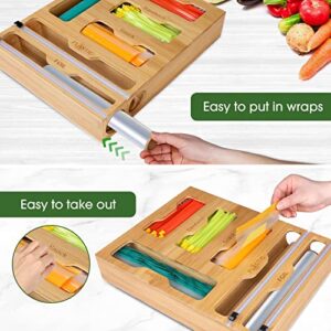 Ziplock Bag Storage Organizer Bamboo - 6 in 1 Wrap Dispenser with Cutter, Suitable for Gallon, Quart, Sandwich & Snack Bag, Cling Film, Aluminum Foil etc; Compatible with 12" Kitchen Rolls