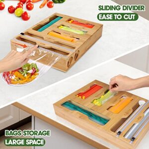 Ziplock Bag Storage Organizer Bamboo - 6 in 1 Wrap Dispenser with Cutter, Suitable for Gallon, Quart, Sandwich & Snack Bag, Cling Film, Aluminum Foil etc; Compatible with 12" Kitchen Rolls