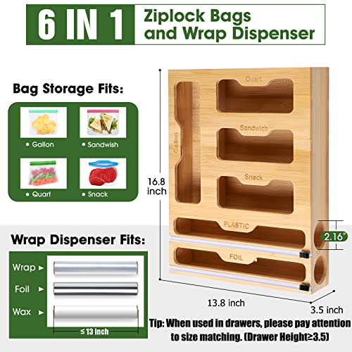 Ziplock Bag Storage Organizer Bamboo - 6 in 1 Wrap Dispenser with Cutter, Suitable for Gallon, Quart, Sandwich & Snack Bag, Cling Film, Aluminum Foil etc; Compatible with 12" Kitchen Rolls