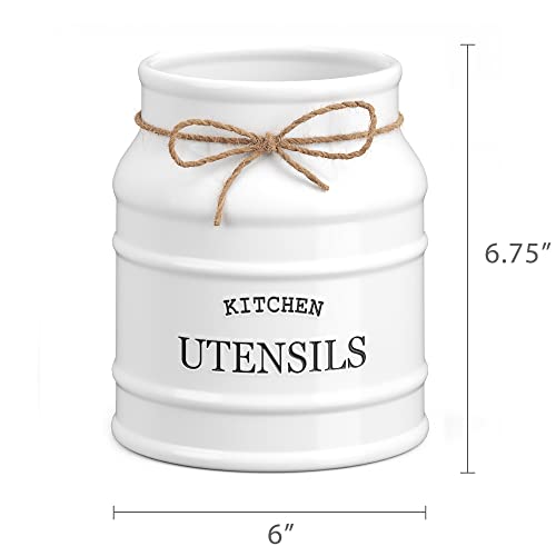 Barnyard Designs Ceramic Farmhouse Kitchen Utensil Holder for Countertop, Decorative Kitchen Utensil Holder, Large Kitchen Utensil Holder for Kitchen Counter, Utensil Crock Spatula Holder, 6.75" White