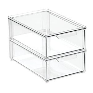 mDesign Plastic Stackable Bathroom Storage Organizer Bin with Pull Out Drawer for Cabinet, Vanity, Shelf, Cupboard, Cabinet, or Closet Organization - Lumiere Collection - 2 Pack - (Clear, 8 x 12 x 4)