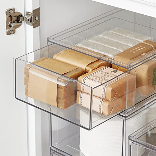 mDesign Plastic Stackable Bathroom Storage Organizer Bin with Pull Out Drawer for Cabinet, Vanity, Shelf, Cupboard, Cabinet, or Closet Organization - Lumiere Collection - 2 Pack - (Clear, 8 x 12 x 4)