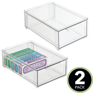 mDesign Plastic Stackable Bathroom Storage Organizer Bin with Pull Out Drawer for Cabinet, Vanity, Shelf, Cupboard, Cabinet, or Closet Organization - Lumiere Collection - 2 Pack - (Clear, 8 x 12 x 4)