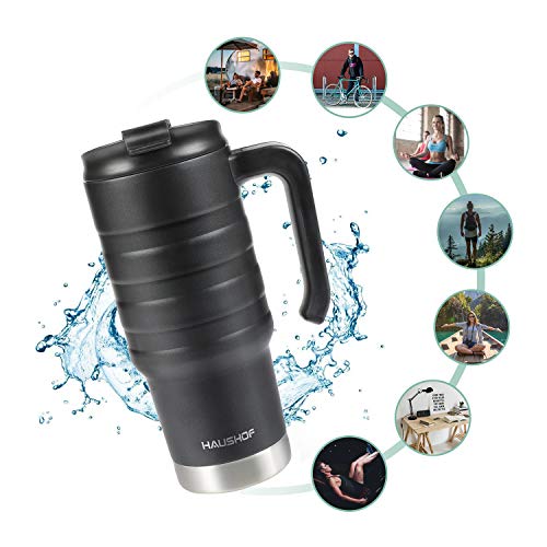 HAUSHOF 24 oz Travel Mug, Stainless Double Wall Vacuum Insulated Tumbler with Handle & Spill Proof Twist On Flip Lid and Wide Mouth, BPA Free