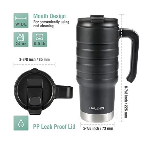 HAUSHOF 24 oz Travel Mug, Stainless Double Wall Vacuum Insulated Tumbler with Handle & Spill Proof Twist On Flip Lid and Wide Mouth, BPA Free