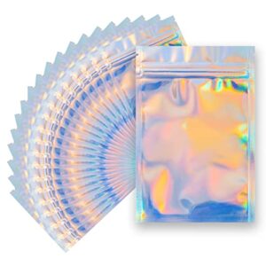 100 pieces resealable smell proof bags – 4 x 6 inches foil pouch bags， flat clear ziplock food storage bags plastic packaging foil mylar bags for party favor food storage (holographic rainbow color)