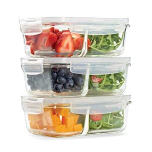 fit & fresh, airtight seal, portion cont divided, 3-pack, two compartments, set of 3 locking lids, glass storage, meal prep containers, 3 pack, clear