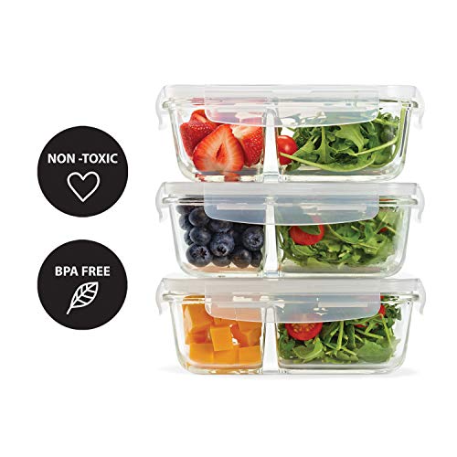 Fit & Fresh, Airtight Seal, Portion Cont Divided, 3-Pack, Two Compartments, Set of 3 Locking Lids, Glass Storage, Meal Prep Containers, 3 Pack, Clear