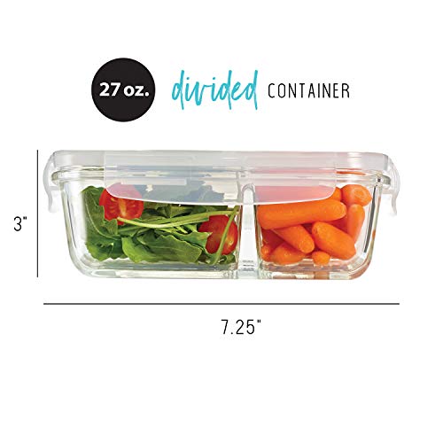 Fit & Fresh, Airtight Seal, Portion Cont Divided, 3-Pack, Two Compartments, Set of 3 Locking Lids, Glass Storage, Meal Prep Containers, 3 Pack, Clear