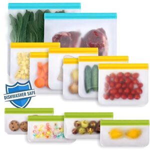 reusable ziplock bags silicone dishwasher safe, 12 pack bpa free reusable freezer bags, reusable sandwich kids snack bags, leakproof reusable food storage bags for lunch, 2 gallon 6 sandwich 4 snack