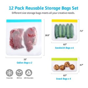 Reusable Ziplock Bags Silicone Dishwasher Safe, 12 Pack BPA FREE Reusable Freezer Bags, Reusable Sandwich Kids Snack Bags, Leakproof Reusable Food Storage Bags for Lunch, 2 Gallon 6 Sandwich 4 Snack