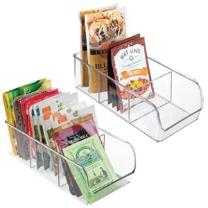 mdesign plastic food storage bin organizer with 3 compartments for kitchen cabinet, pantry, shelf, drawer, fridge, freezer organization – holds snack bars – ligne collection – 2 pack – clear