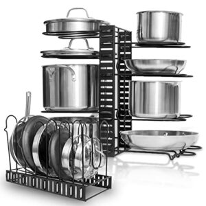 GeekDigg Pot Rack Organizer For Cabinet or Countertop, 3 DIY Methods Pot Rack, Height and Position are Adjustable 8+ Pots and Pan Lid Holder, Black Metal Kitchen Pantry Organizer Upgraded Version