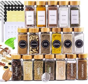 glass spice jars with label set, bamboo lids & funnel – kitchen airtight storage jars with lids – spices and seasonings sets organizer, spice glass jar with lid food canister bottle sugar shaker