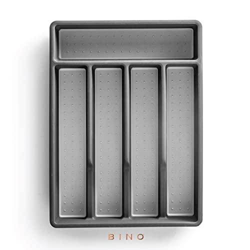 BINO | 5-Slot Silverware Organizer | Small - Grey Cutlery Tray Organizer | Silverware Storage for Drawer | BPA-Free Plastic Organizers with Soft-Grip Lining and Rounded Corners | Utensil Organizer