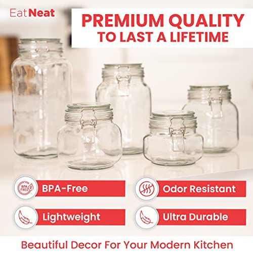 EATNEAT 5-Piece Airtight Glass Kitchen Canisters with Glass Lids - Set of 5 Mason Jars for Food Storage, Organization, and Canning - Food Storage Containers that Hold 68, 51, 34, 27, and 17 Ounces