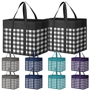 stormiracle reusable grocery bags 10-pack, large foldable reusable shopping tote bags bulk for groceries, waterproof kitchen cloth produce bags with long handles, durable and lightweight-plaid style a
