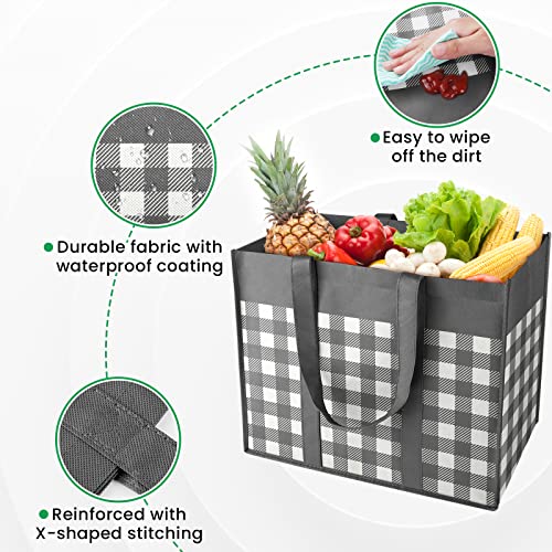 StorMiracle Reusable Grocery Bags 10-Pack, Large Foldable Reusable Shopping Tote Bags Bulk for Groceries, Waterproof Kitchen Cloth Produce Bags with Long Handles, Durable and Lightweight-Plaid Style A