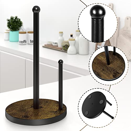 Black Paper Towel Holder Stand Countertop Kitchen Farmhouse Standing Paper Towel Roll Holders with Rustic Wooden Base for Standard and Jumbo-Sized Paper Towels