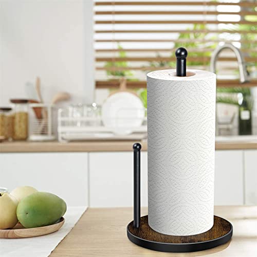 Black Paper Towel Holder Stand Countertop Kitchen Farmhouse Standing Paper Towel Roll Holders with Rustic Wooden Base for Standard and Jumbo-Sized Paper Towels