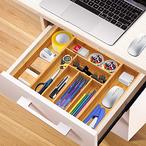 FURNINXS Bamboo Kitchen Drawer Organizer Large Silverware Tray, Expandable Wooden Cutlery Holder for Spoon Fork Flatware Adjustable Utensil Organizer （7-9 Slot）