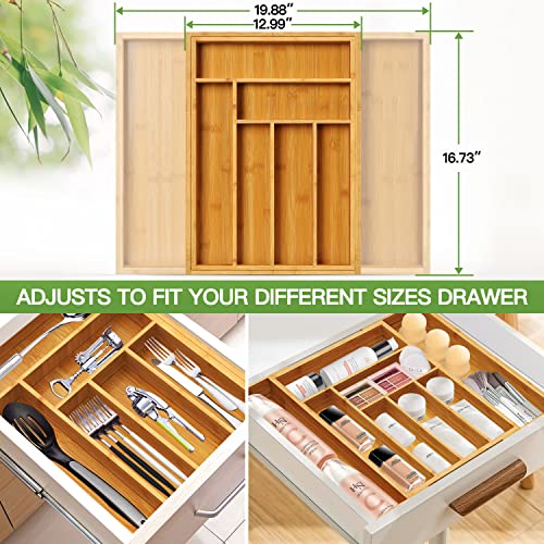 FURNINXS Bamboo Kitchen Drawer Organizer Large Silverware Tray, Expandable Wooden Cutlery Holder for Spoon Fork Flatware Adjustable Utensil Organizer （7-9 Slot）