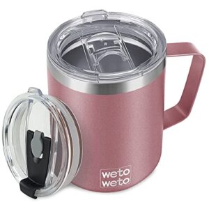 wetoweto coffee mug with handle, 14oz insulated stainless steel coffee travel mug, double wall vacuum reusable coffee cup with lid, powder coated rose gold