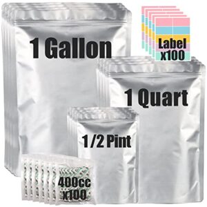 100pcs mylar bags for food storage with oxygen absorbers 400cc (10*10 packs) and labels, 10 mil 10″x14″ (30pcs) 7″x10″ (30pcs) 5″x7″ (40pcs) stand-up zipper pouches resealable and heat sealable for long term food storage